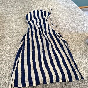 Striped Navy and White Strapless Maxi Dress